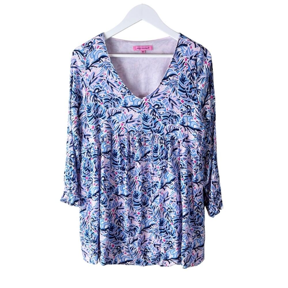 Simply Southern Tunic Top Womens M‎ Blue Pink Floral Crinkle Texture Blouse
